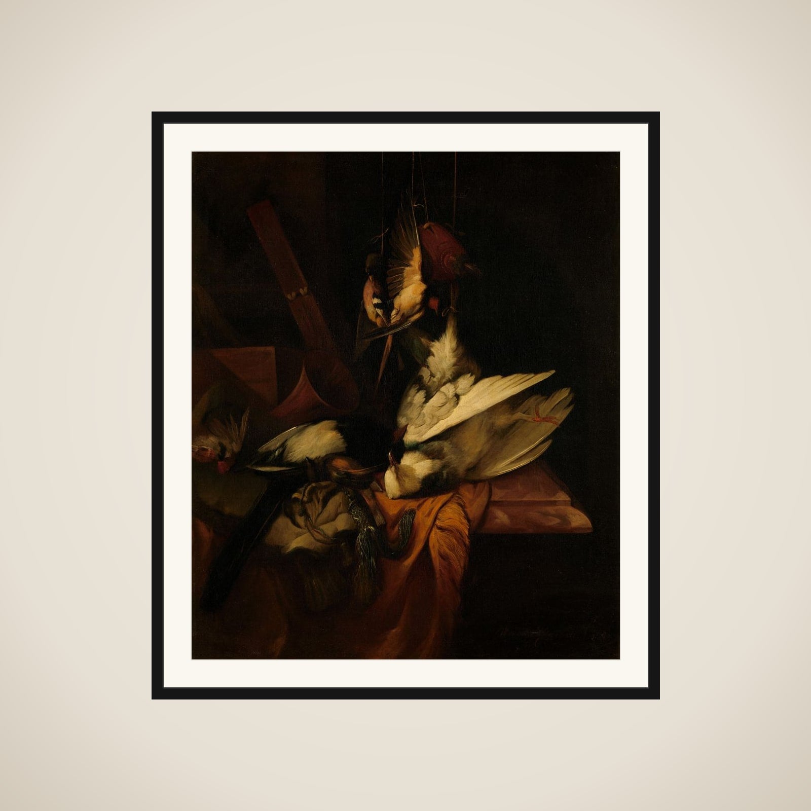 Still Life with Birds and Implements of the Hunt framed