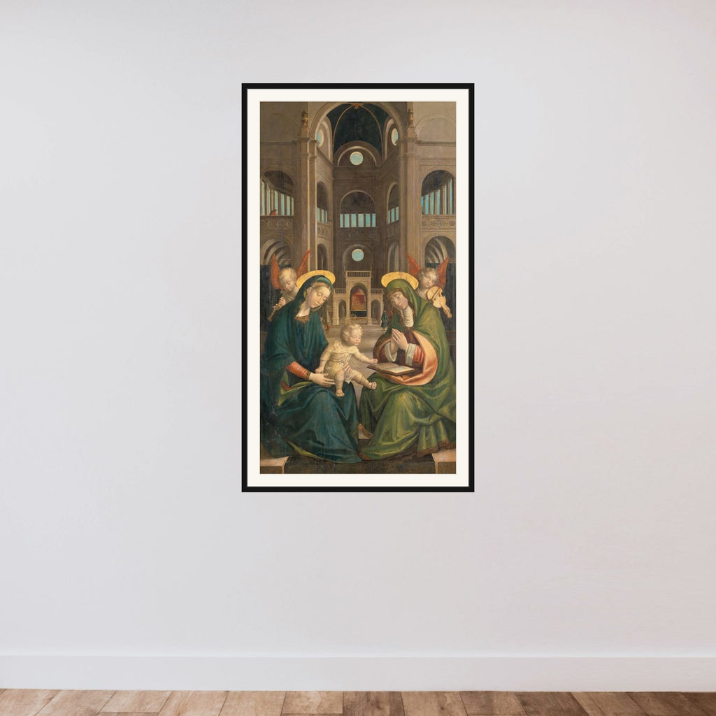 The Madonna and Child with St Anne framed — shown to scale
