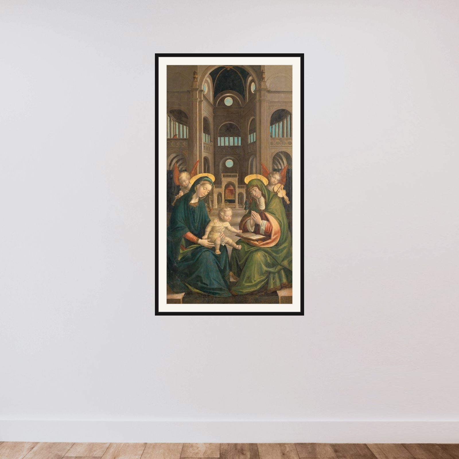 The Madonna and Child with St Anne framed — shown to scale