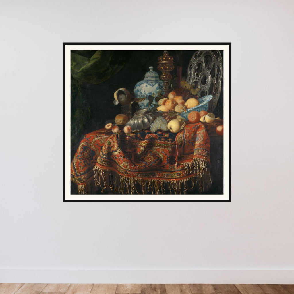 Still Life with Fruit, Plates and Dishes on a Turkey Carpet framed — shown to scale