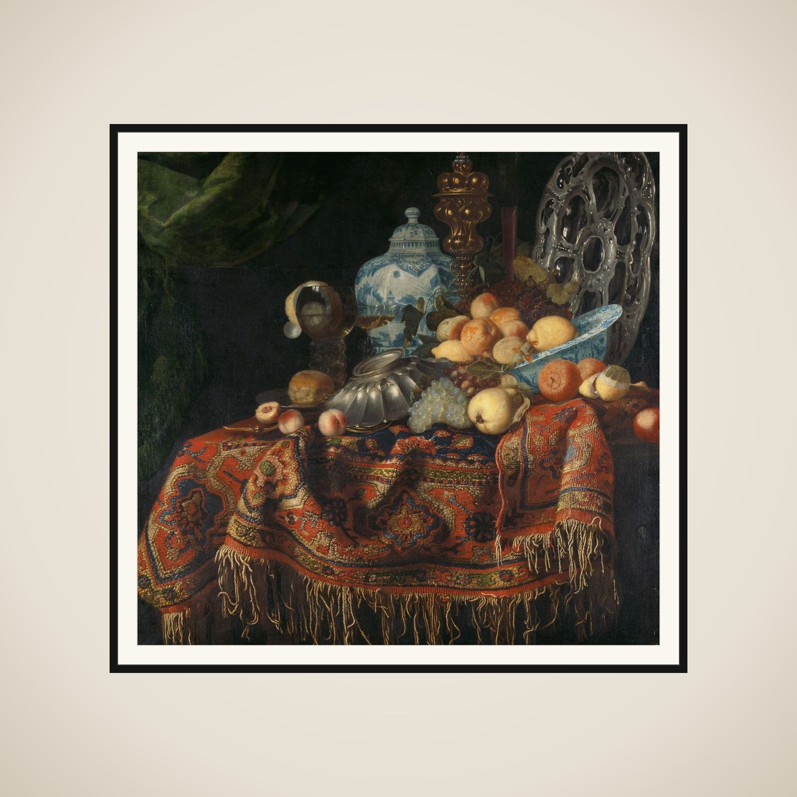 Still Life with Fruit, Plates and Dishes on a Turkey Carpet framed