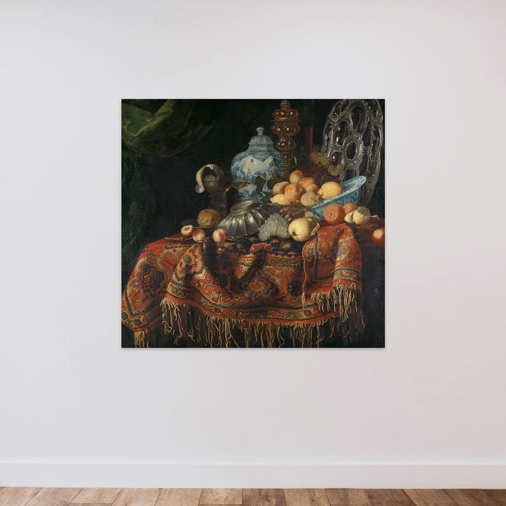Still Life with Fruit, Plates and Dishes on a Turkey Carpet unframed — shown to scale