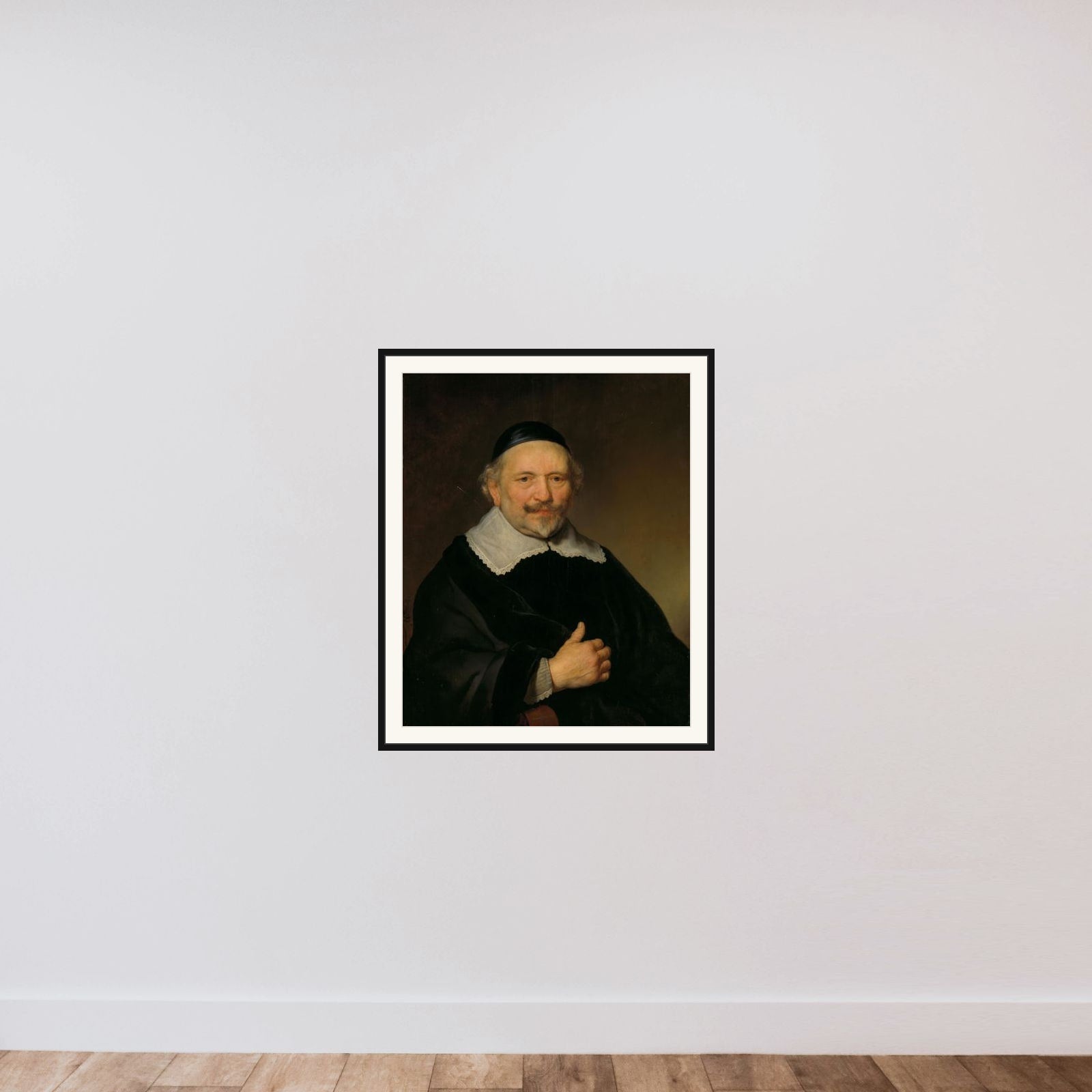 Portrait of a Man, thought to be Johannes Uyttenbogaert (1608-80), Receiver-General of the Amsterdam District framed — shown to scale