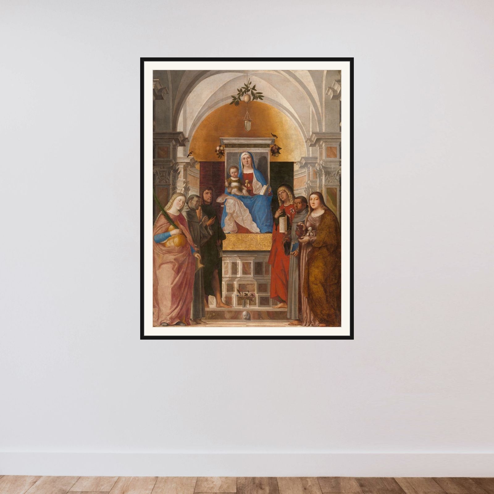 Madonna and Child with Sts Catherine, Francis of Assisi, John the Baptist, John the Evangelist, Antony of Padua and Mary Magdalene framed — shown to scale