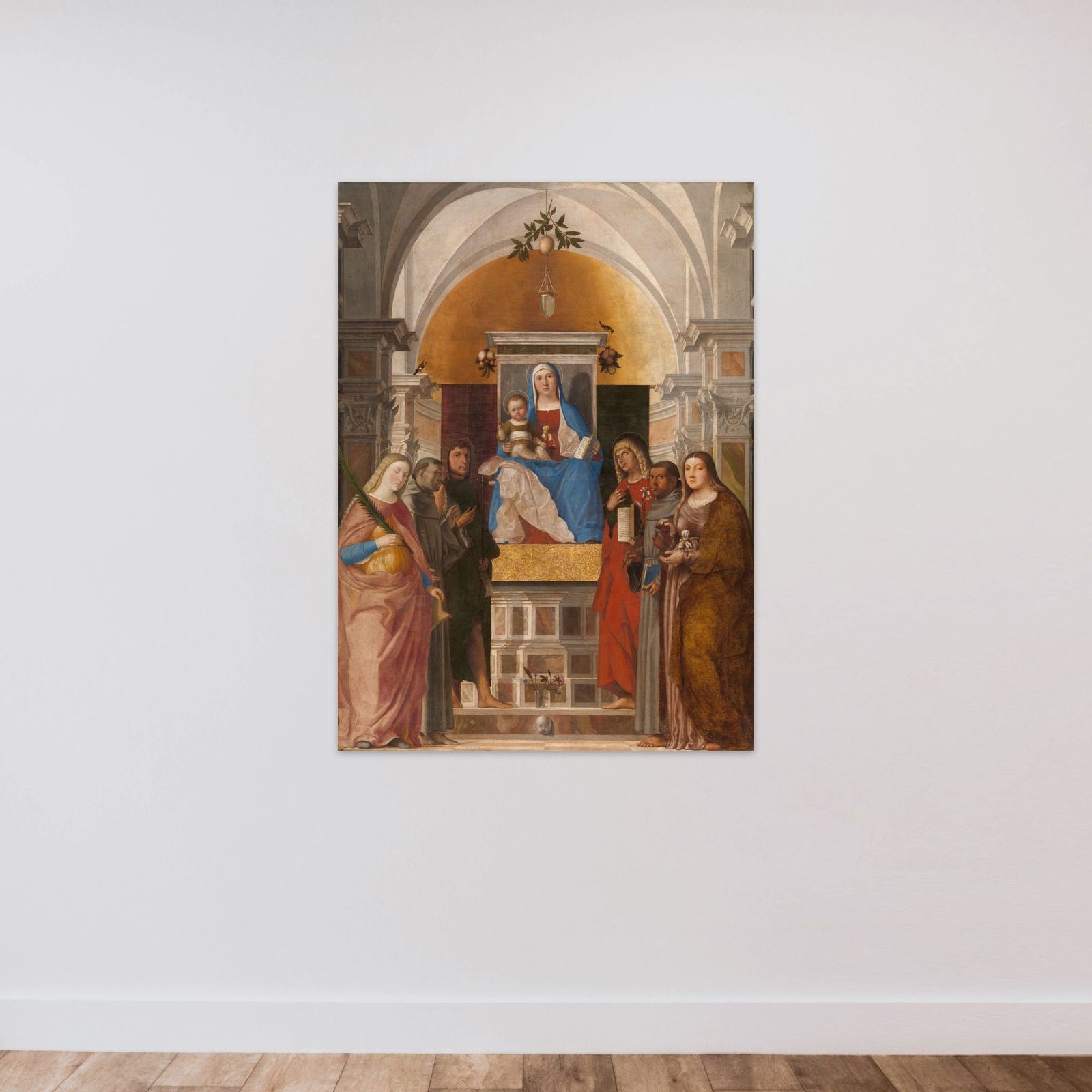 Madonna and Child with Sts Catherine, Francis of Assisi, John the Baptist, John the Evangelist, Antony of Padua and Mary Magdalene unframed — shown to scale