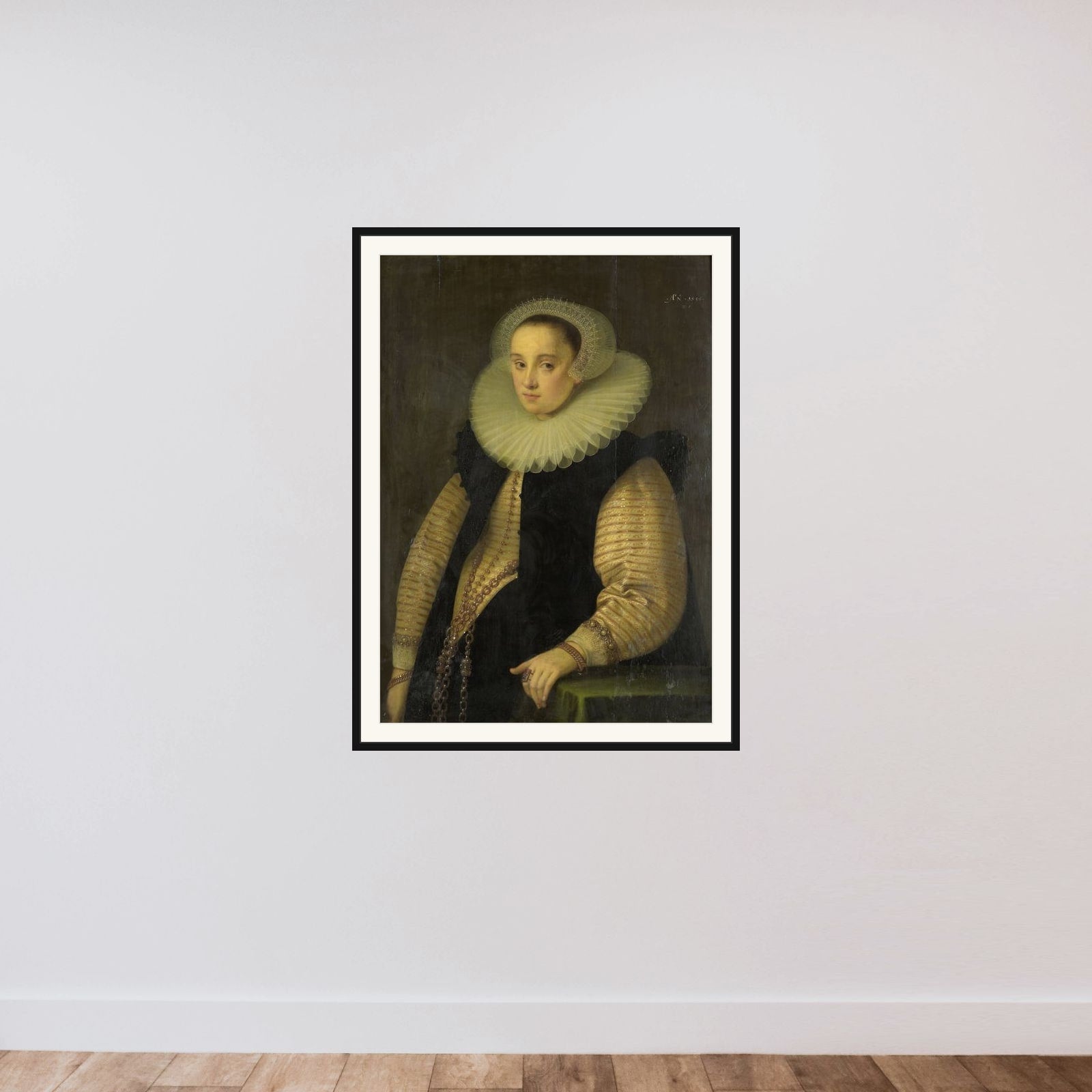 Hortensia del Prado (d 1627), Wife of Jean Fourmenois framed — shown to scale