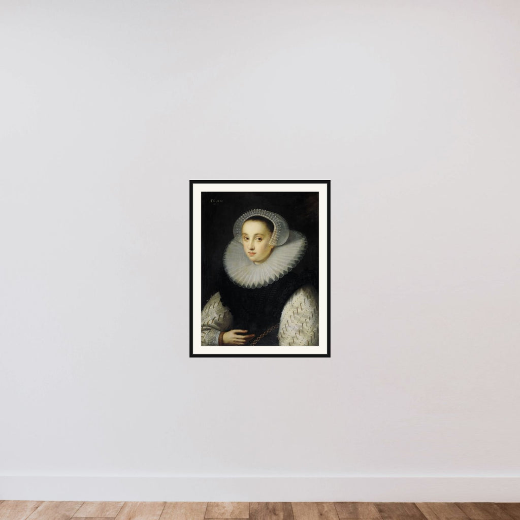 Hortensia del Prado (d 1627) framed — shown to scale