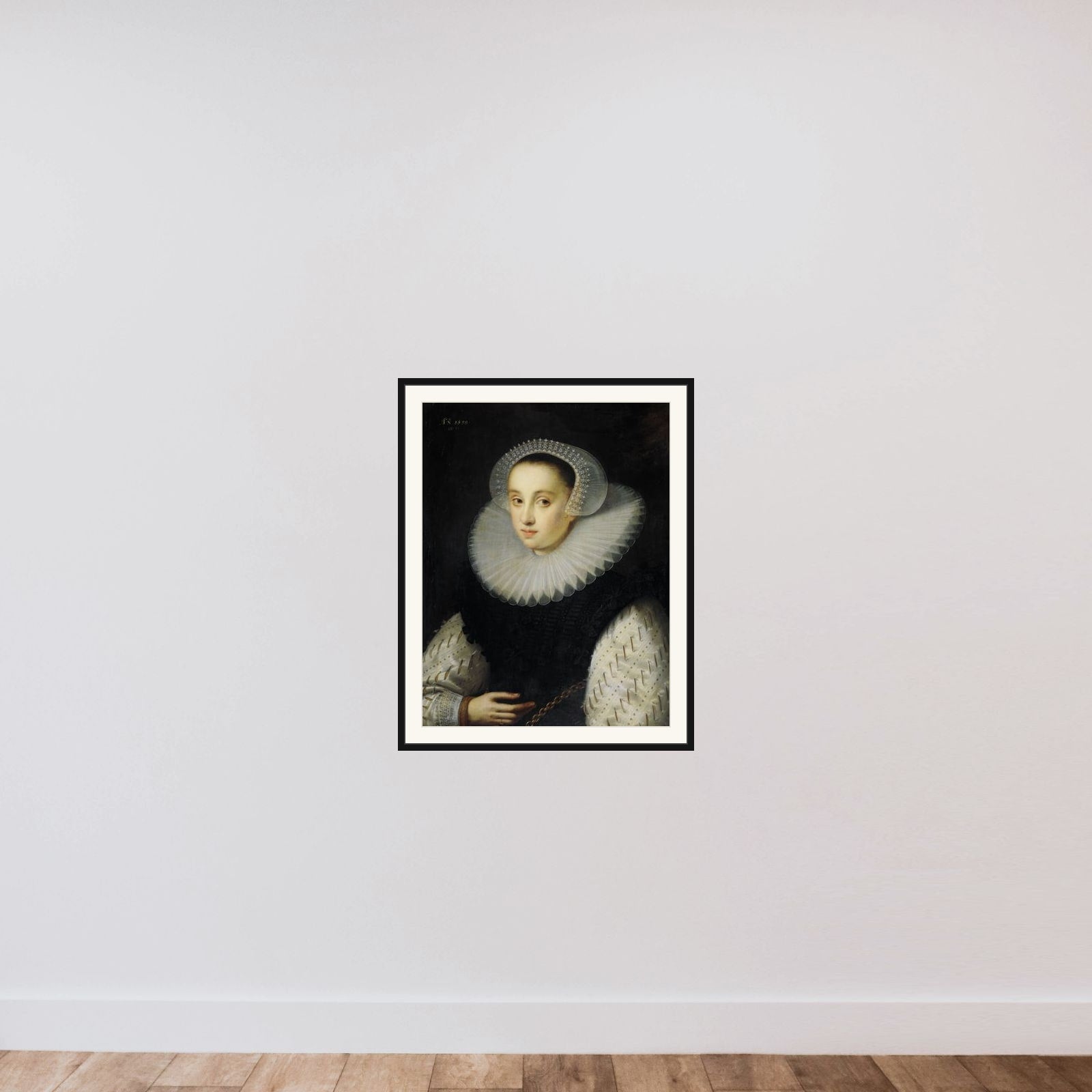 Hortensia del Prado (d 1627) framed — shown to scale