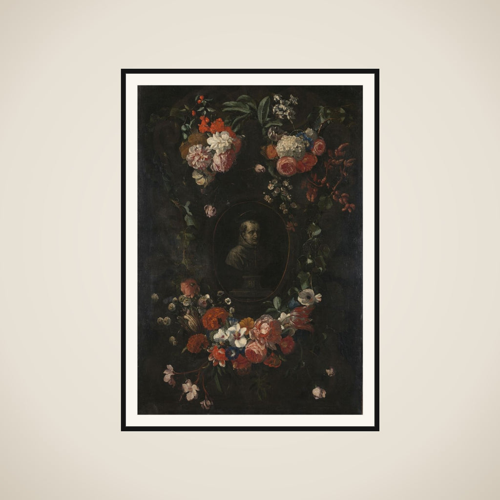 Feigned Sculpted Bust of the Blessed Hieronymus Werdanus Set in a Feigned Stone Cartouche, Decorated with a Swag and Two Bunches of Flowers framed