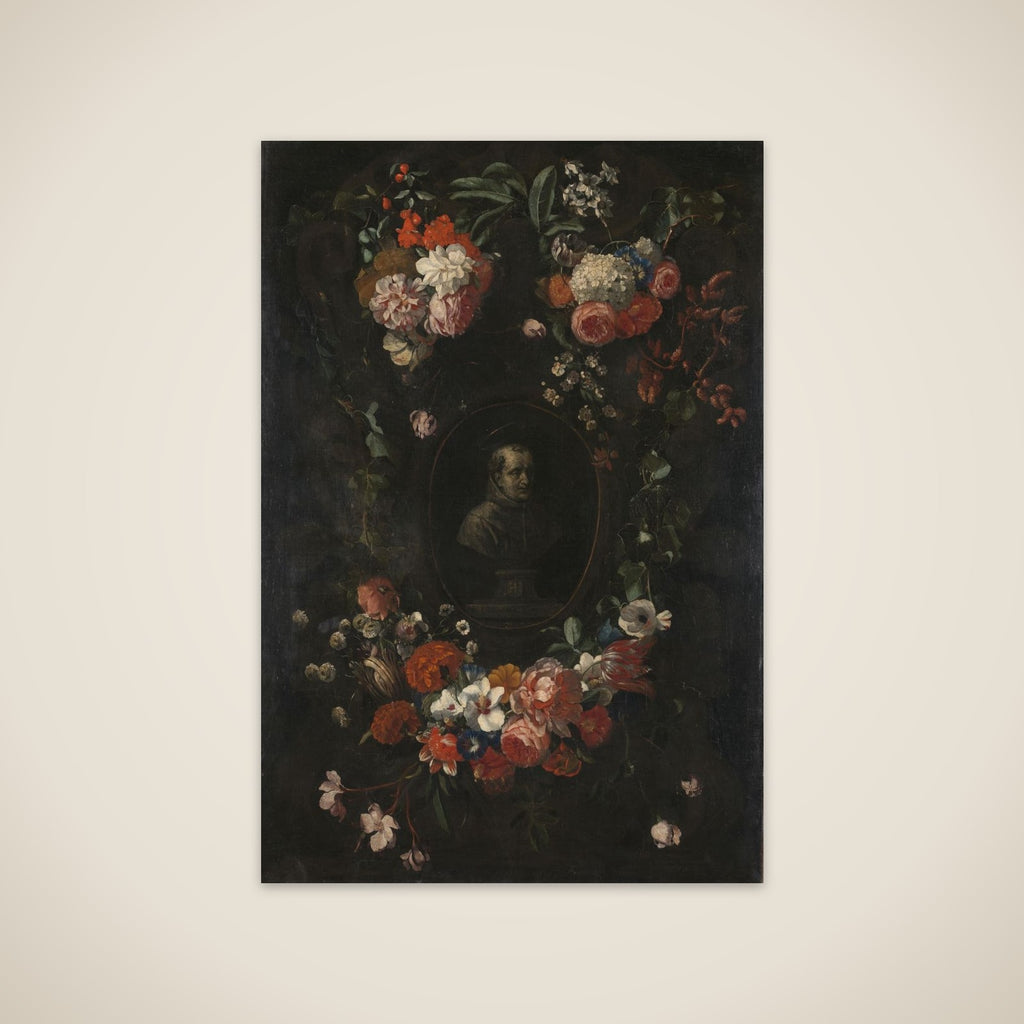 Feigned Sculpted Bust of the Blessed Hieronymus Werdanus Set in a Feigned Stone Cartouche, Decorated with a Swag and Two Bunches of Flowers unframed print