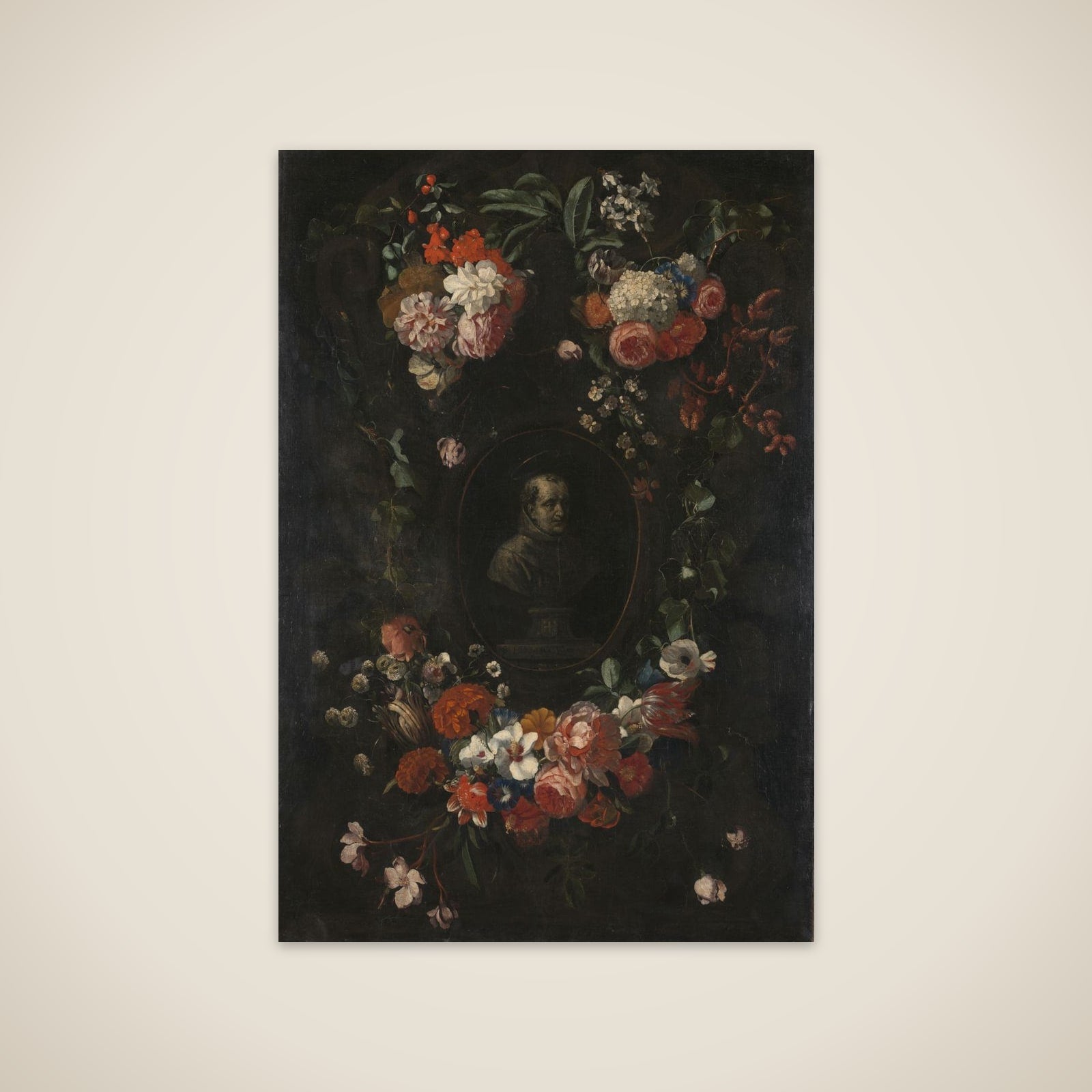 Feigned Sculpted Bust of the Blessed Hieronymus Werdanus Set in a Feigned Stone Cartouche, Decorated with a Swag and Two Bunches of Flowers unframed print