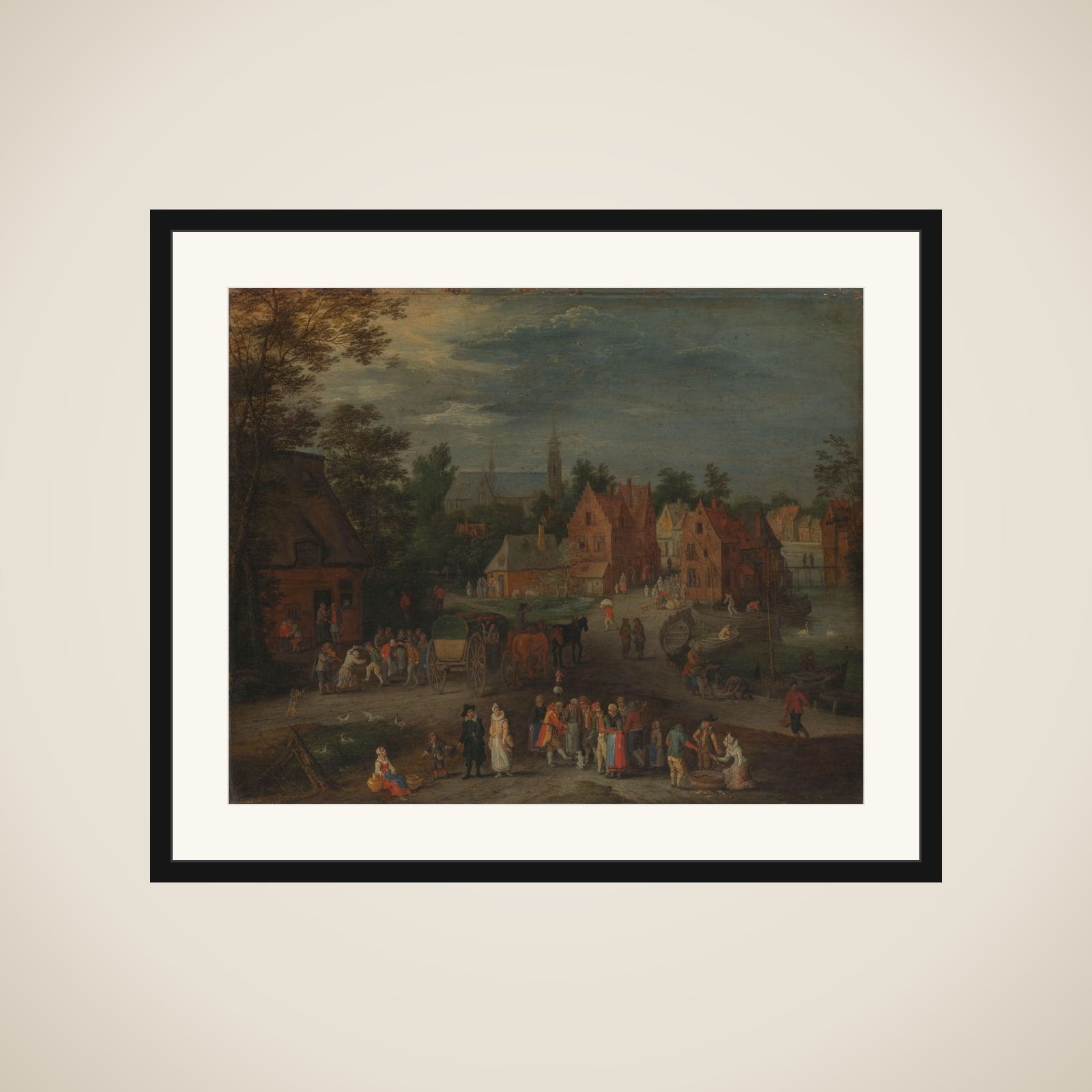Village with a Puppeteer Entertaining a Small Crowd framed