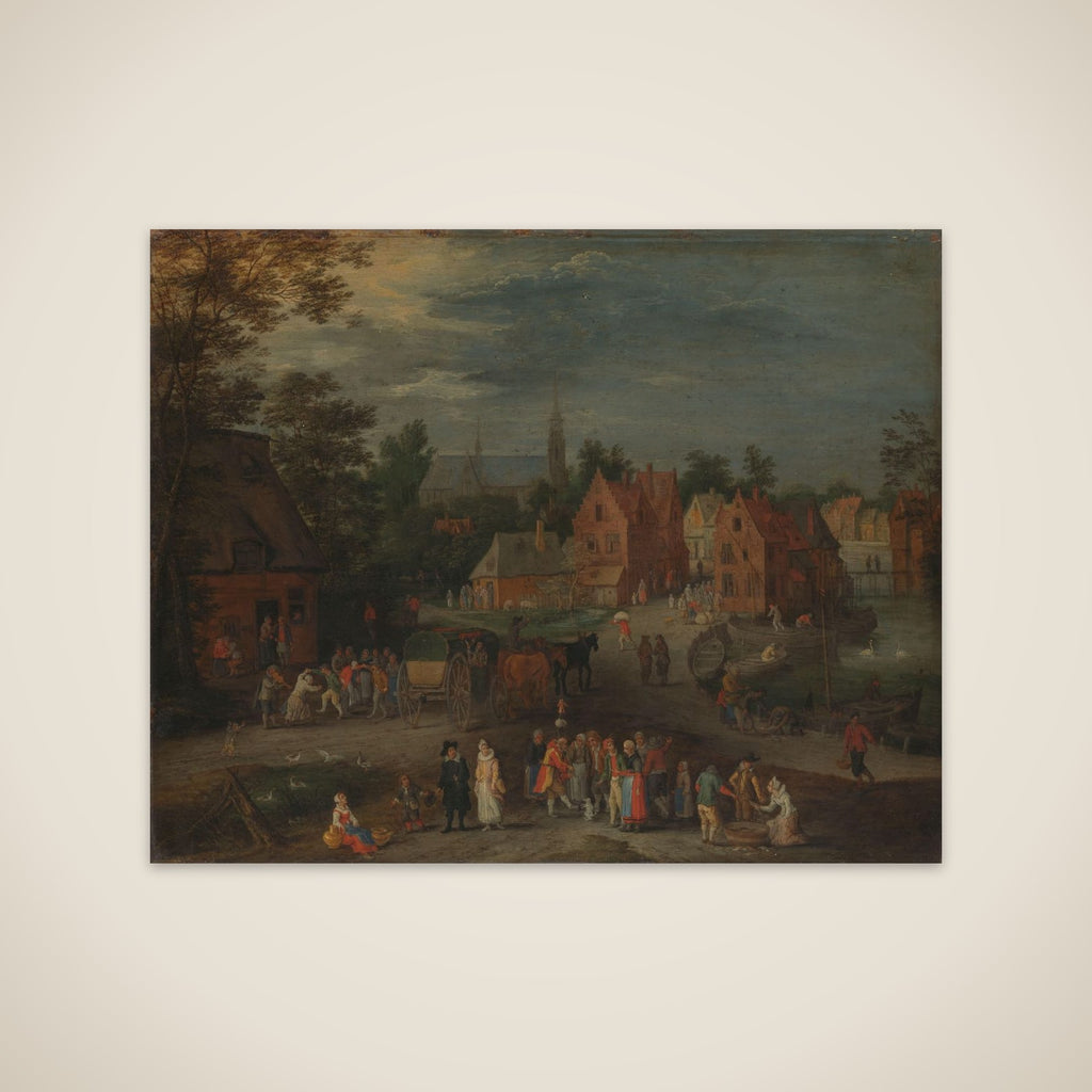 Village with a Puppeteer Entertaining a Small Crowd unframed print