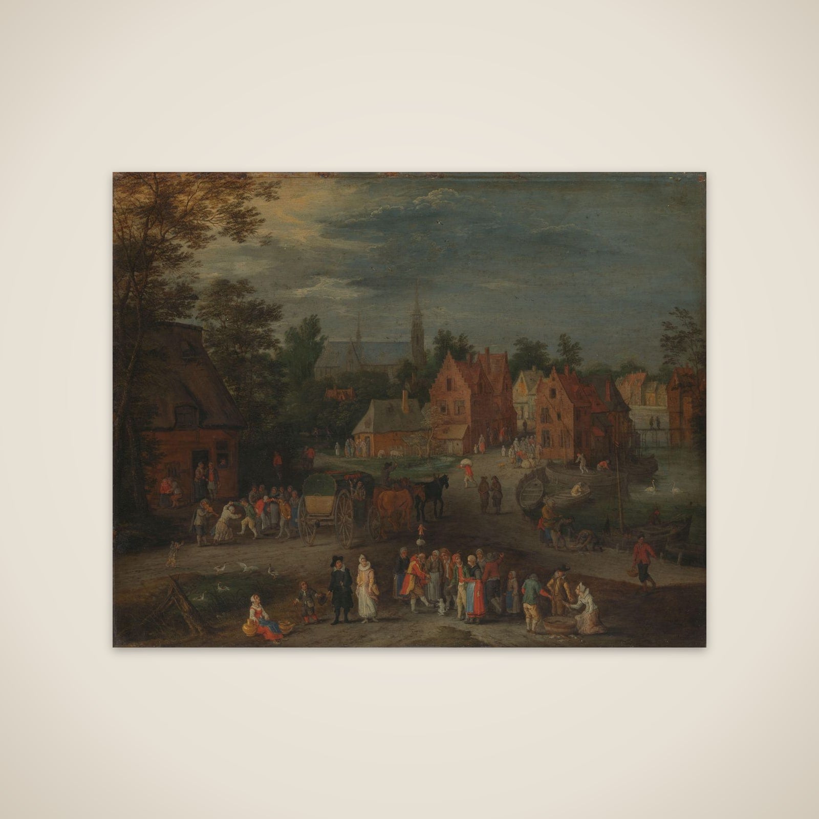 Village with a Puppeteer Entertaining a Small Crowd unframed print