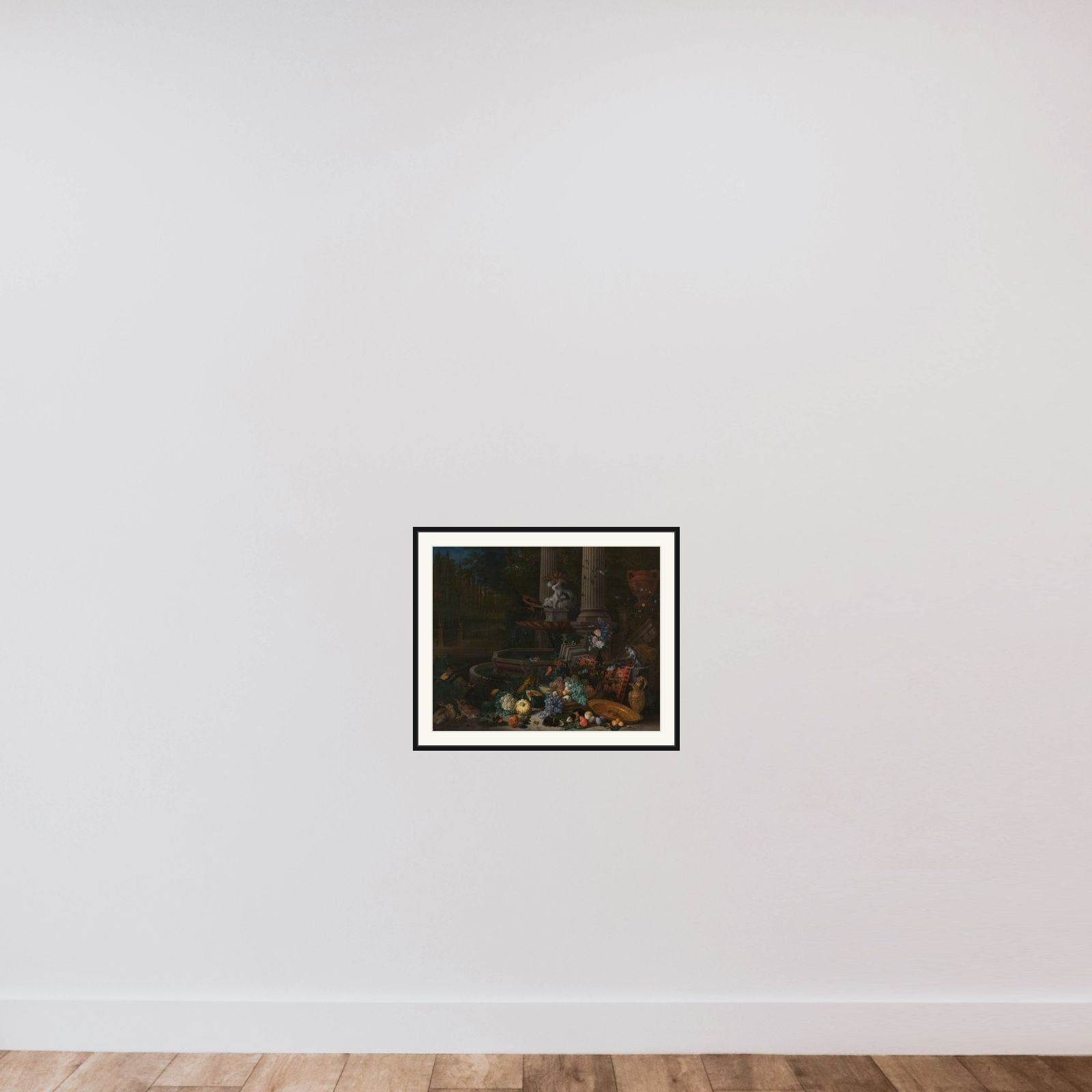 Still Life with Vegetables before a Draped, Overturned Plinth by an Ornamental Fountain framed — shown to scale