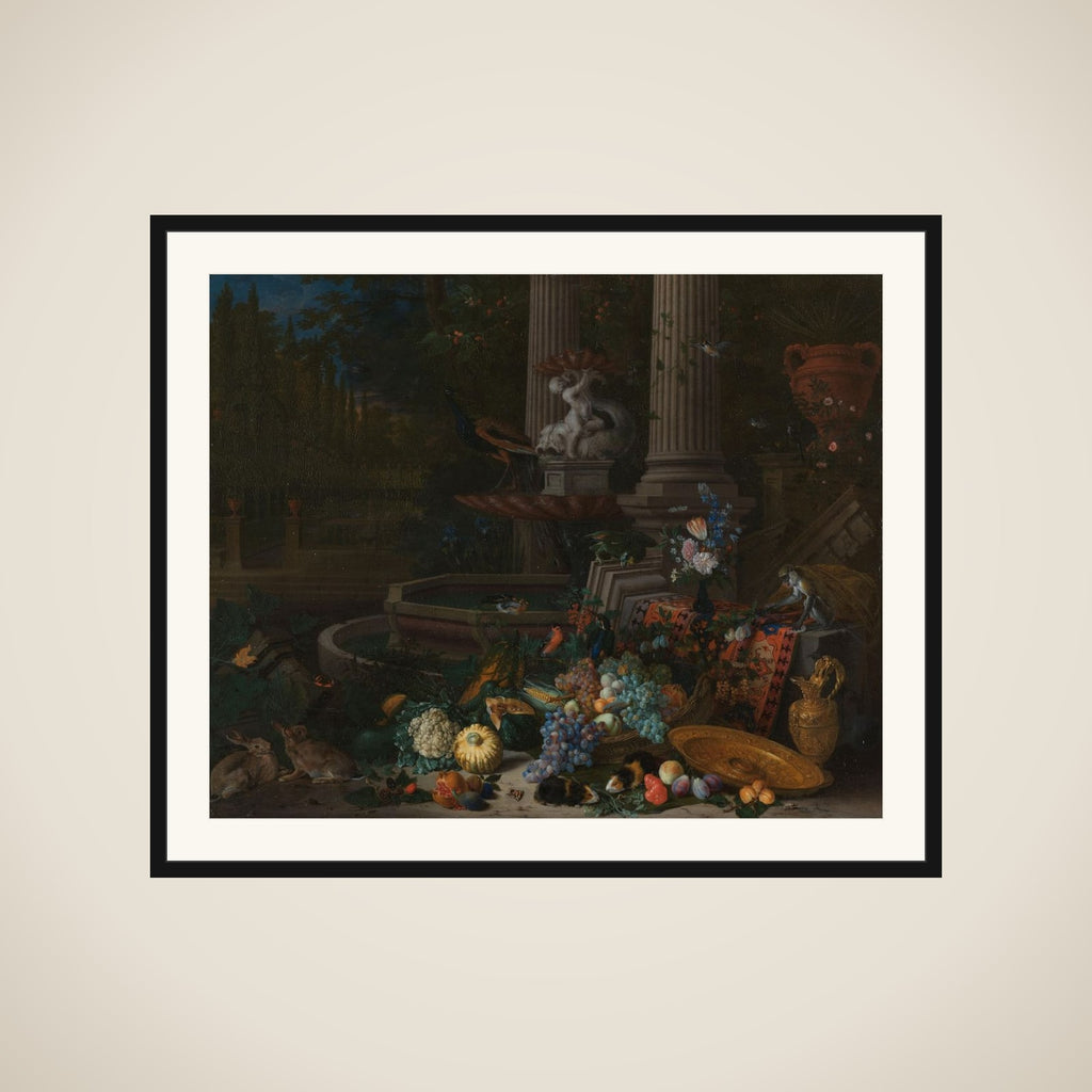 Still Life with Vegetables before a Draped, Overturned Plinth by an Ornamental Fountain framed