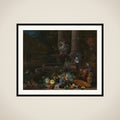 Still Life with Vegetables before a Draped, Overturned Plinth by an Ornamental Fountain framed