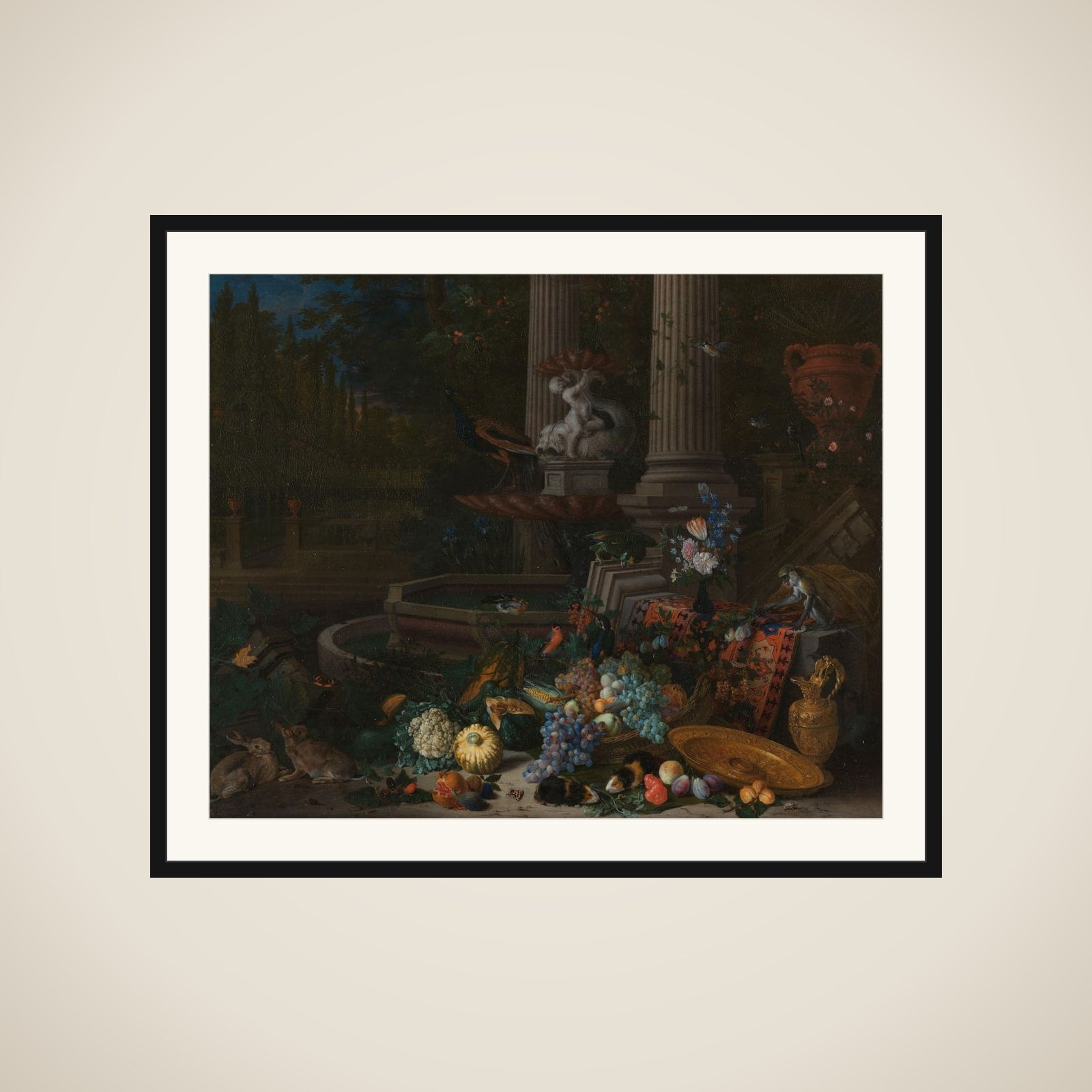Still Life with Vegetables before a Draped, Overturned Plinth by an Ornamental Fountain framed