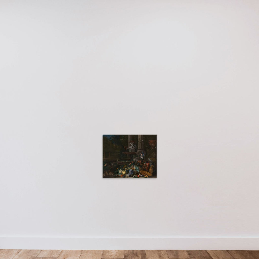 Still Life with Vegetables before a Draped, Overturned Plinth by an Ornamental Fountain unframed — shown to scale