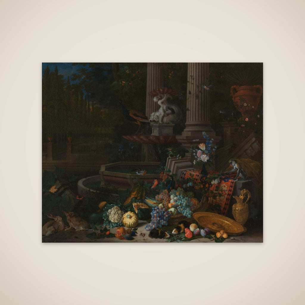 Still Life with Vegetables before a Draped, Overturned Plinth by an Ornamental Fountain unframed print