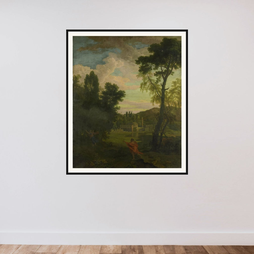Arcadian Landscape with Jupiter and Io framed — shown to scale