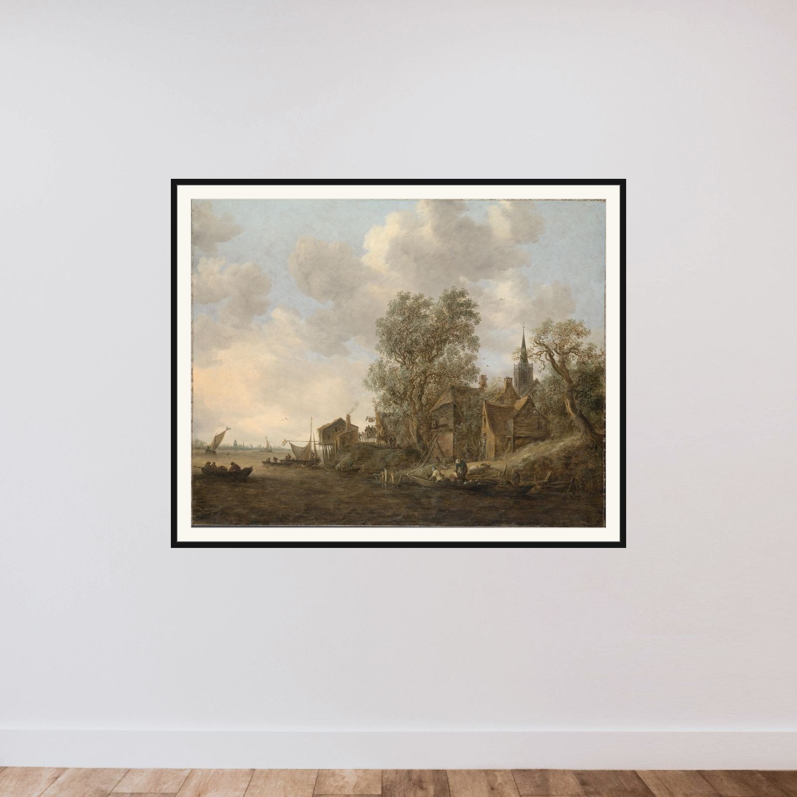 View of a Town on a River framed — shown to scale