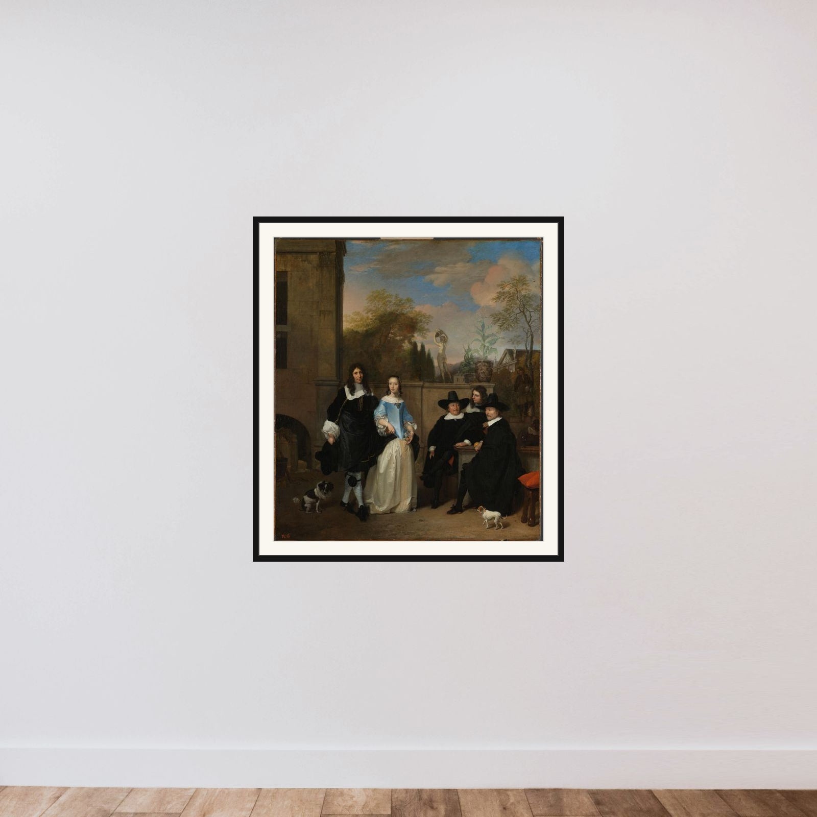 Company in a Garden framed — shown to scale