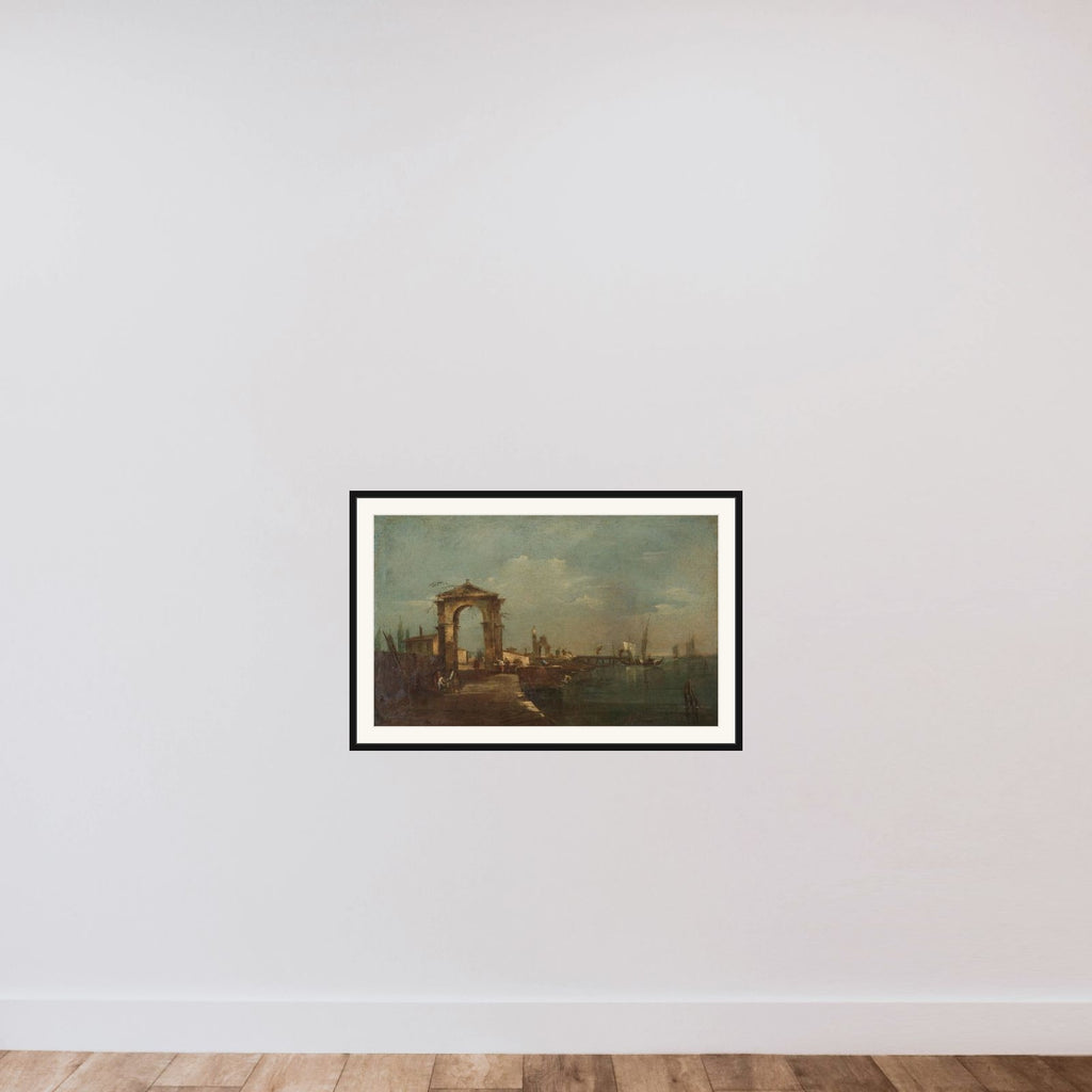 Landscape with a Quay and Ships on a Lake framed — shown to scale