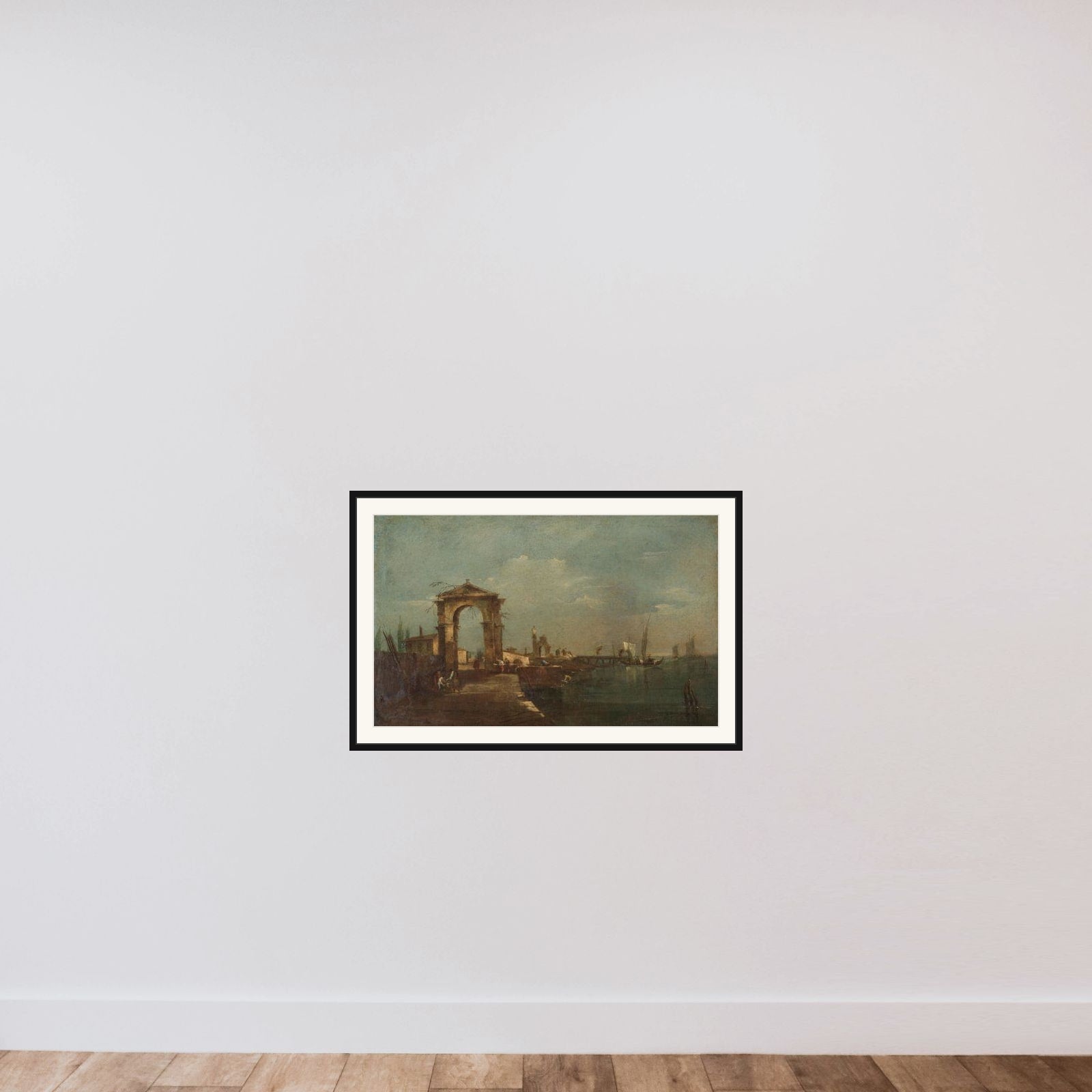 Landscape with a Quay and Ships on a Lake framed — shown to scale