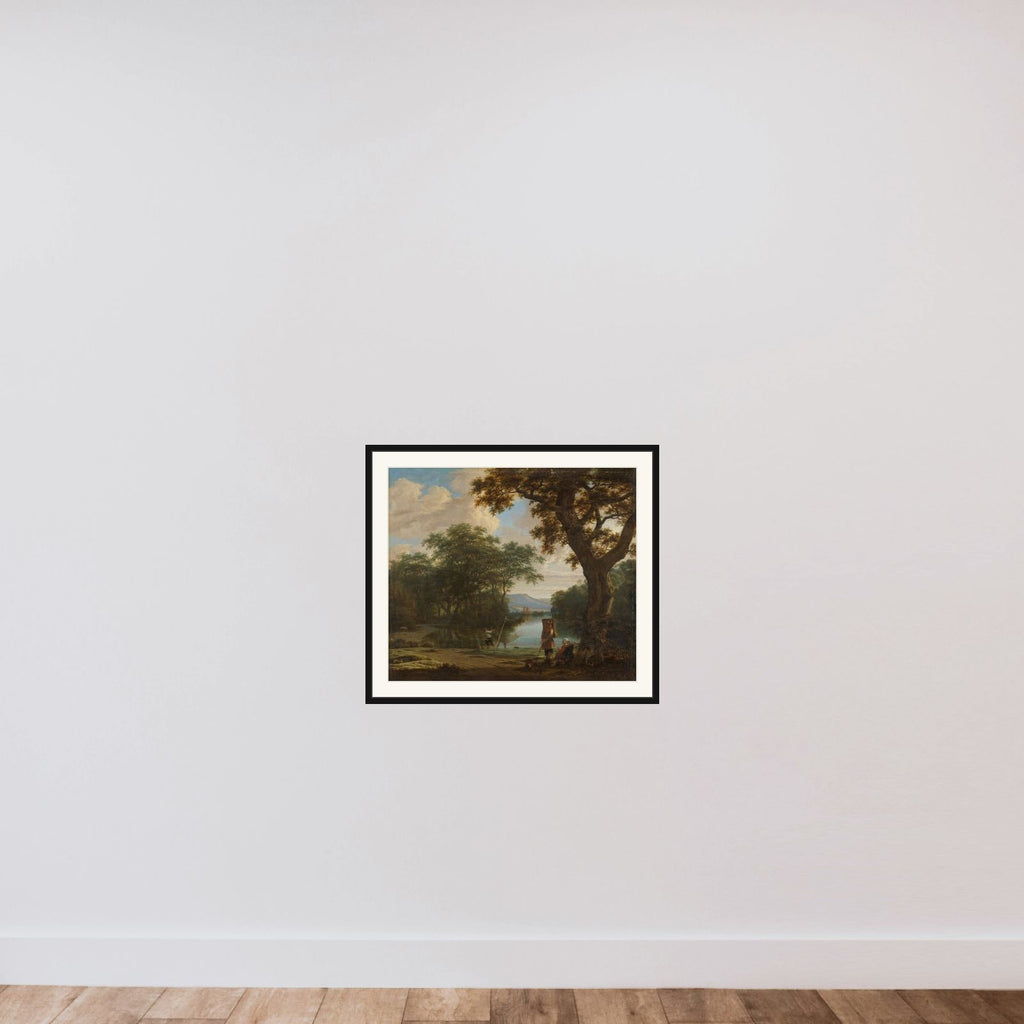 Landscape with Fisherman with a square Net framed — shown to scale