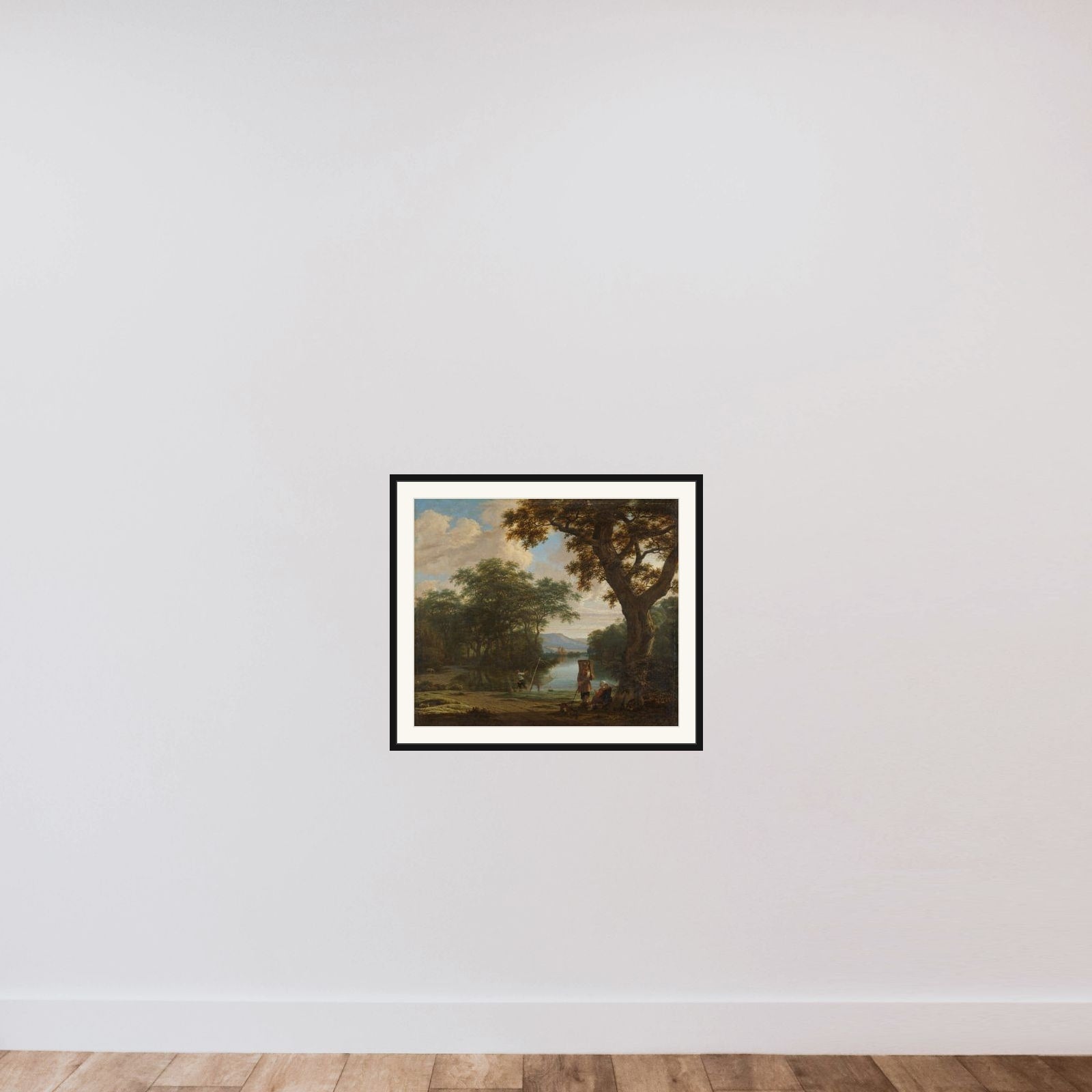 Landscape with Fisherman with a square Net framed — shown to scale