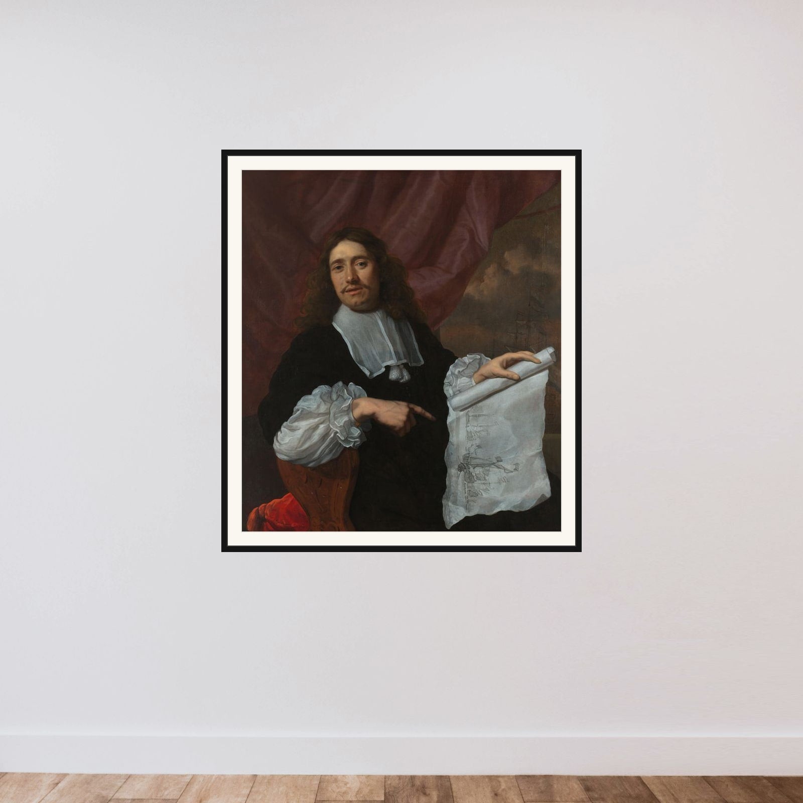 Willem van de Velde II (1633-1707), Painter framed — shown to scale