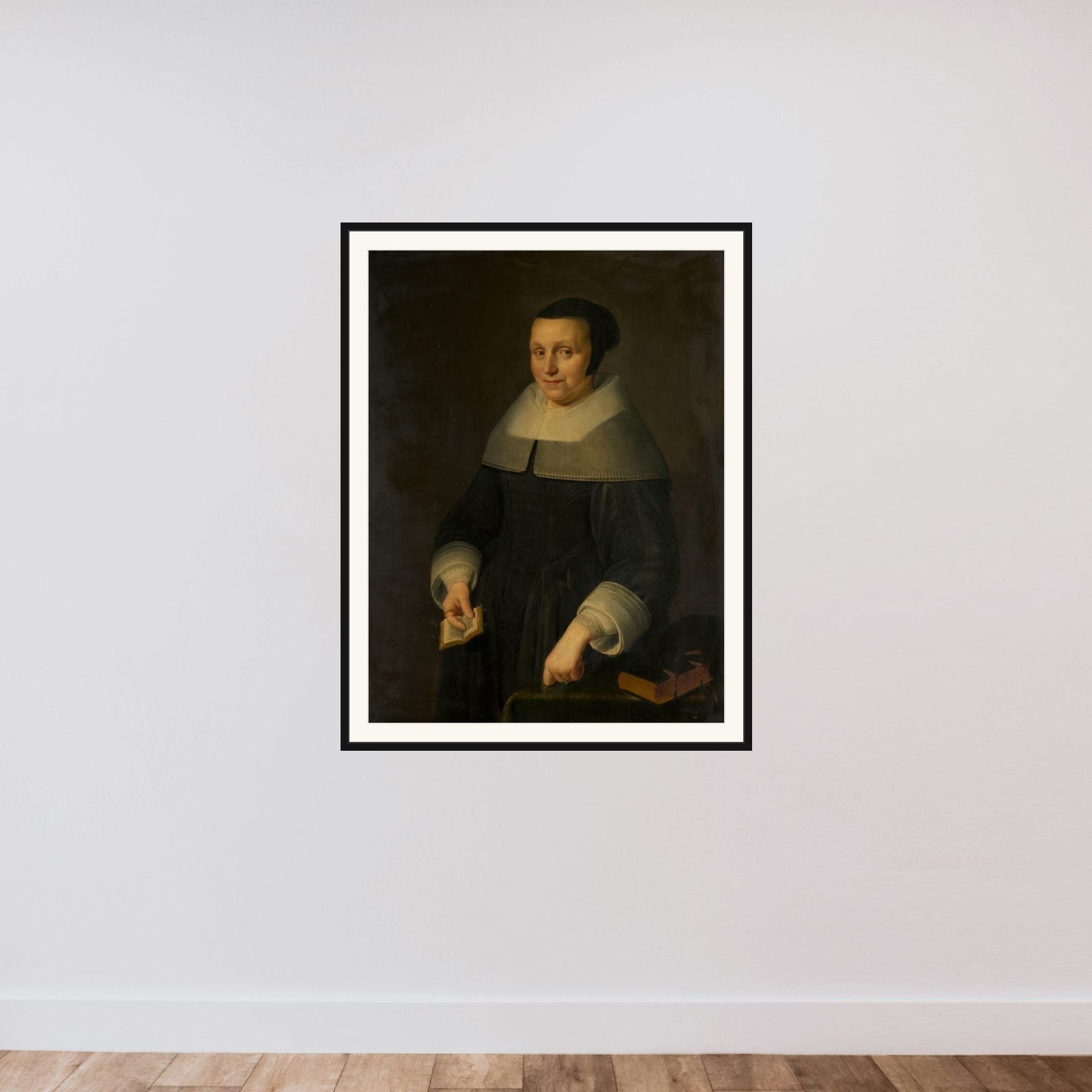 Portrait of a Woman, possibly Elsje van Houweningen, Wife of Willem van Velden framed — shown to scale