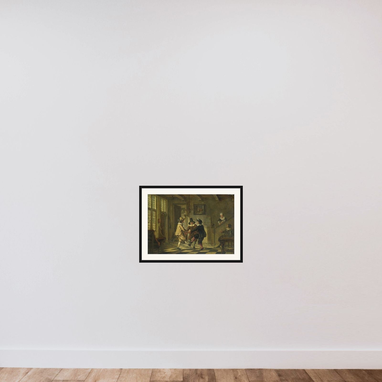 Drie mannen in zeventiende-eeuws kostuum dansend in een voorhuis framed — shown to scale