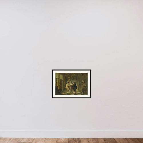 Drie mannen in zeventiende-eeuws kostuum dansend in een voorhuis framed — shown to scale
