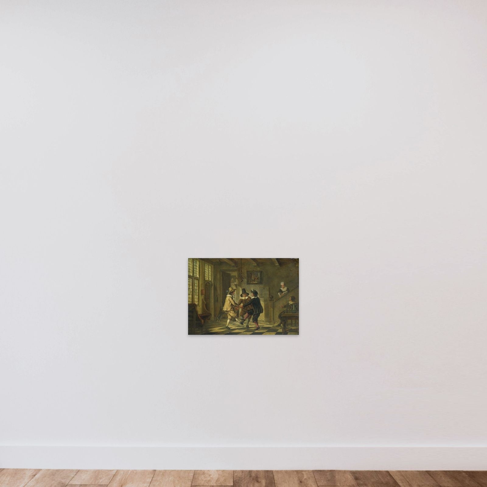 Drie mannen in zeventiende-eeuws kostuum dansend in een voorhuis unframed — shown to scale