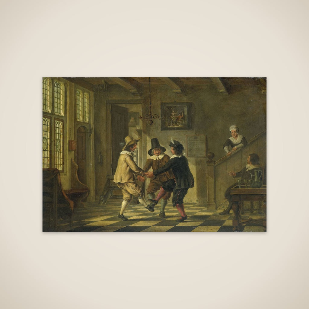 Drie mannen in zeventiende-eeuws kostuum dansend in een voorhuis unframed print