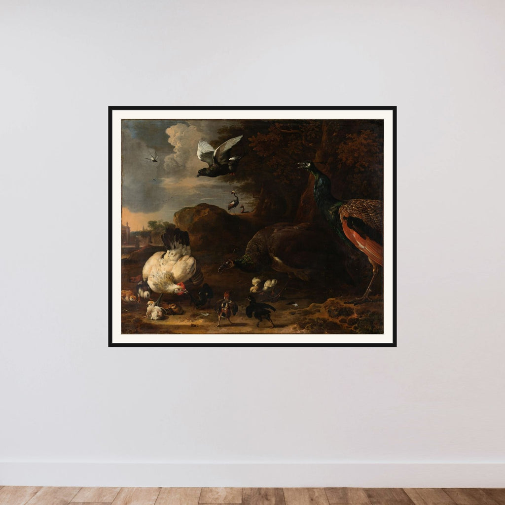 Two Peacocks Threatening a Hen with Chicks, Known as ‘The Threatened Hen’ framed — shown to scale