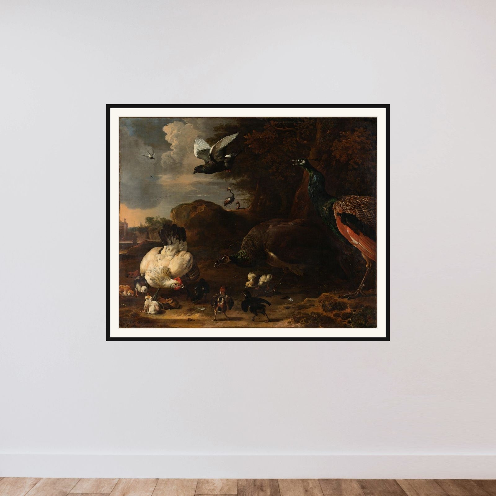 Two Peacocks Threatening a Hen with Chicks, Known as ‘The Threatened Hen’ framed — shown to scale