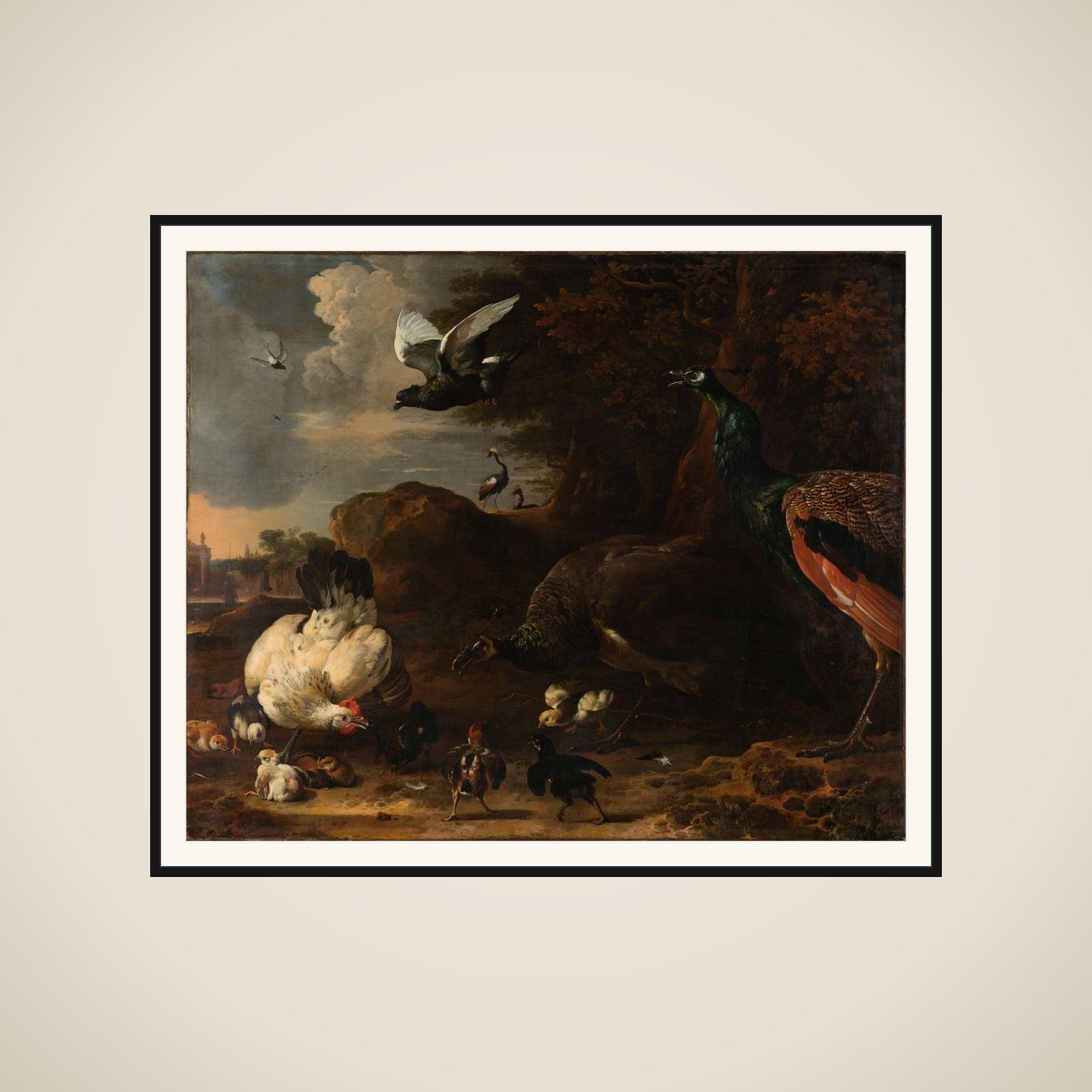 Two Peacocks Threatening a Hen with Chicks, Known as ‘The Threatened Hen’ framed
