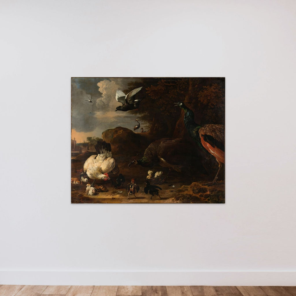Two Peacocks Threatening a Hen with Chicks, Known as ‘The Threatened Hen’ unframed — shown to scale