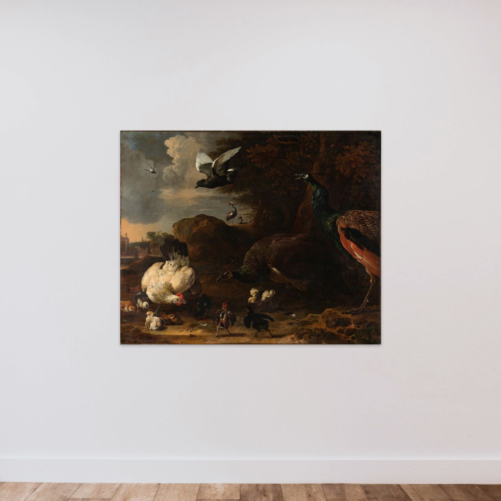 Two Peacocks Threatening a Hen with Chicks, Known as ‘The Threatened Hen’ unframed — shown to scale