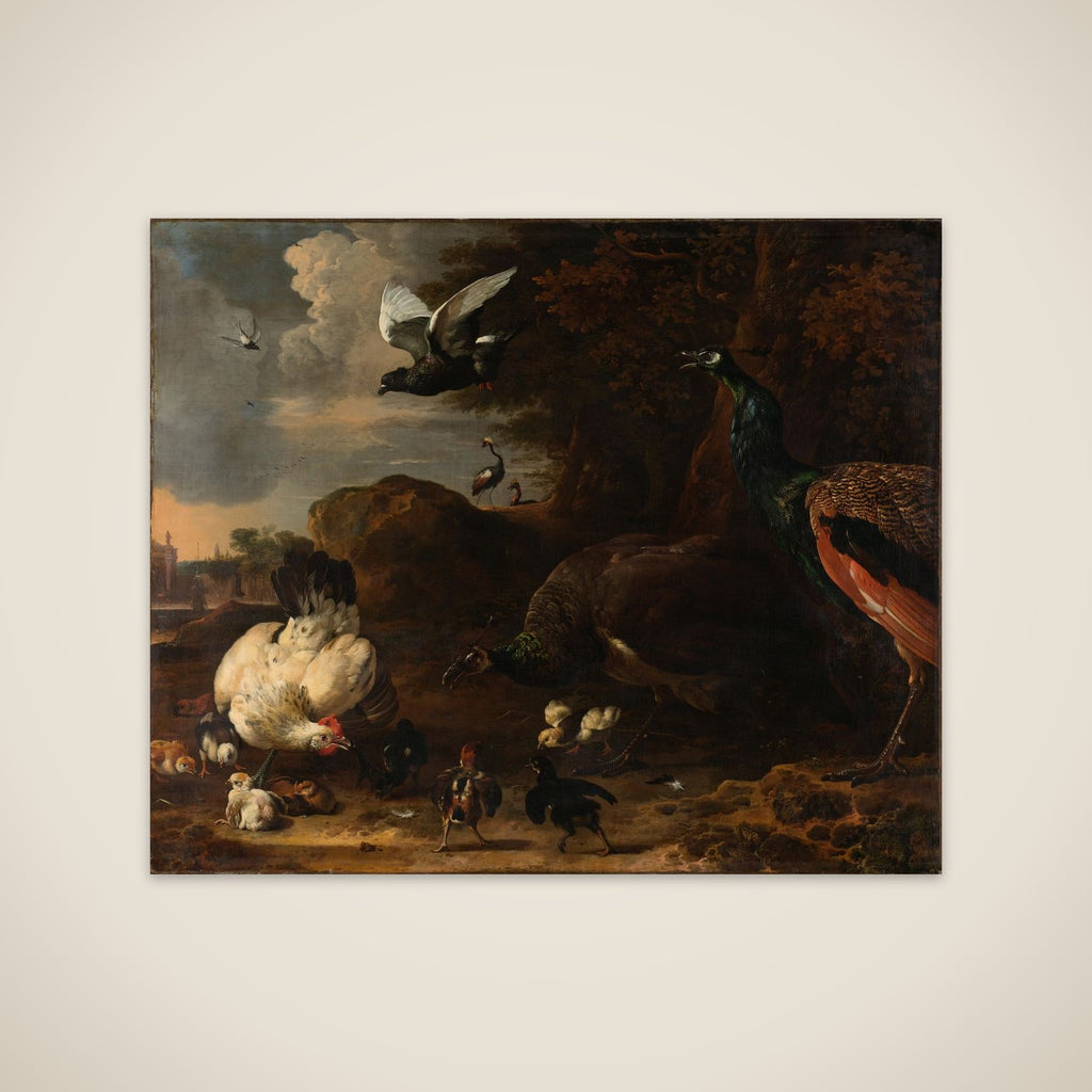 Two Peacocks Threatening a Hen with Chicks, Known as ‘The Threatened Hen’ unframed print