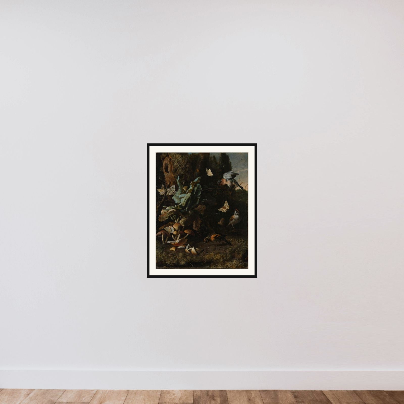 Forest Floor Still Life with Birds, Butterflies and a Lizard framed — shown to scale