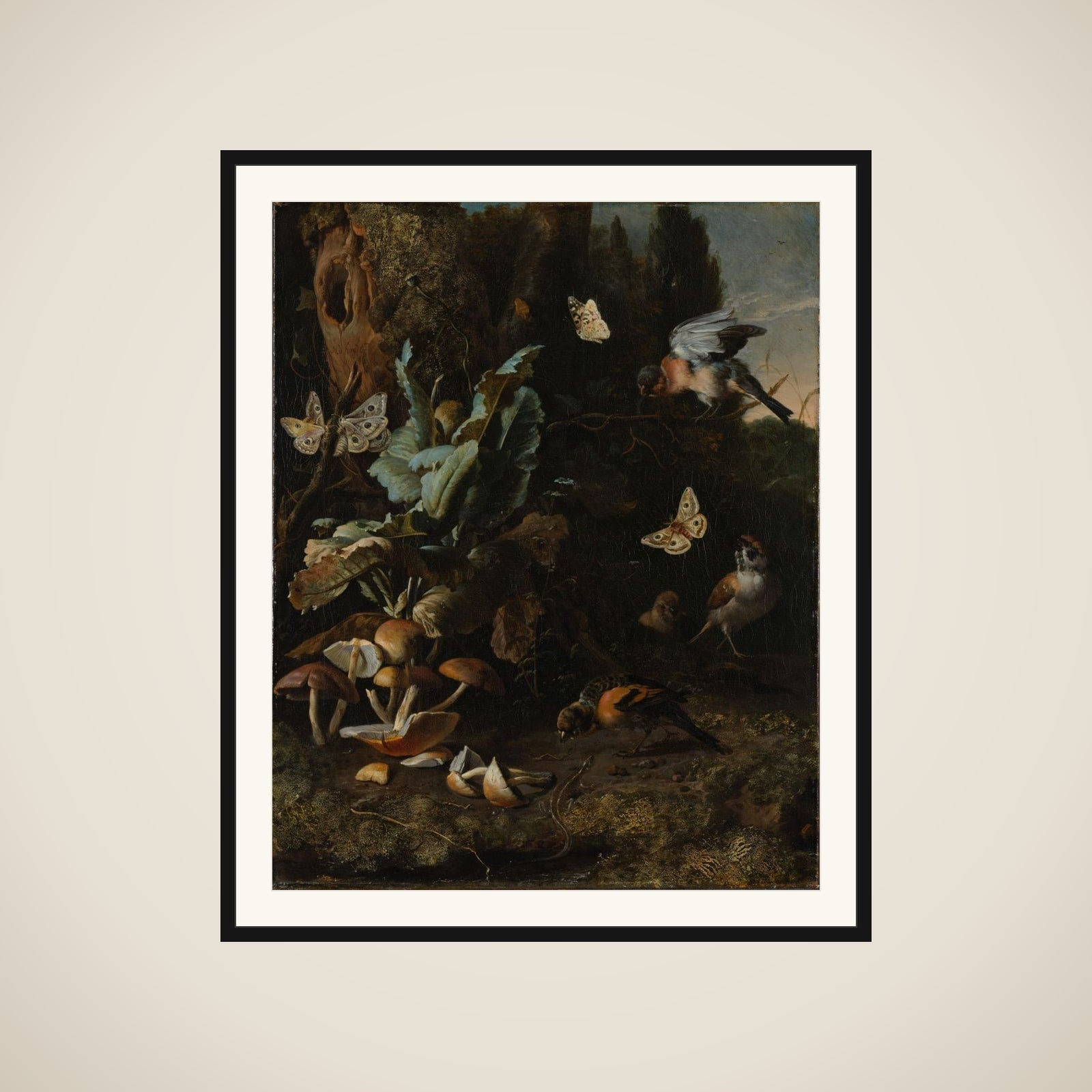 Forest Floor Still Life with Birds, Butterflies and a Lizard framed