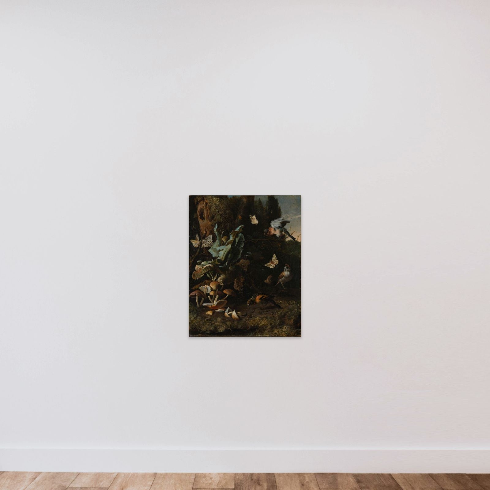 Forest Floor Still Life with Birds, Butterflies and a Lizard unframed — shown to scale