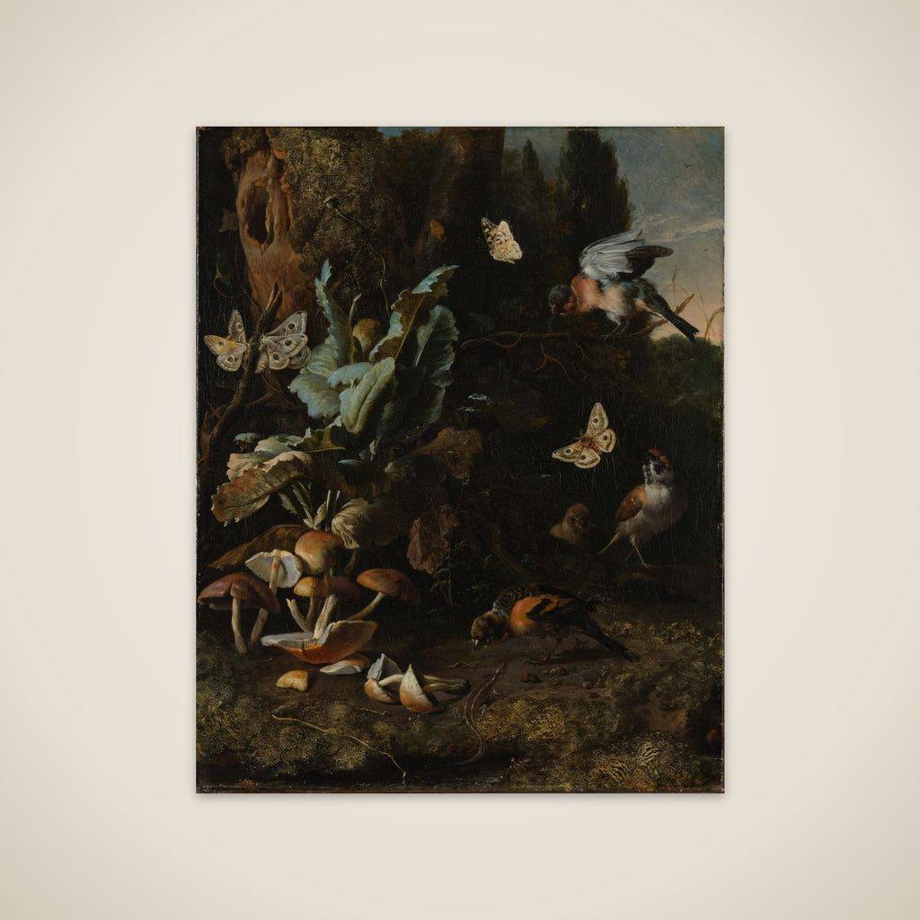 Forest Floor Still Life with Birds, Butterflies and a Lizard unframed print