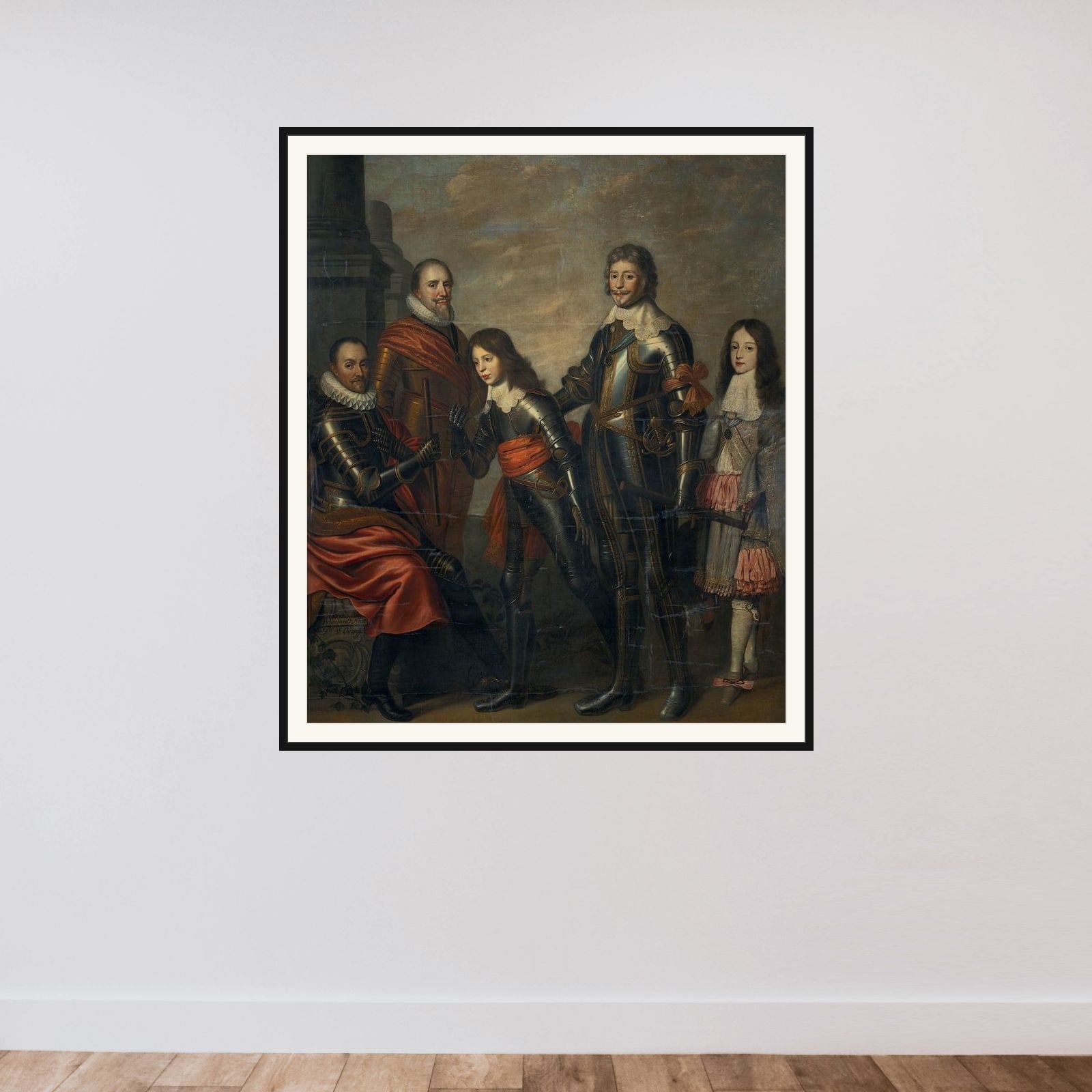 Four Generations of the Princes of Orange: William I, Maurice and Frederick Henry, William II and William III framed — shown to scale