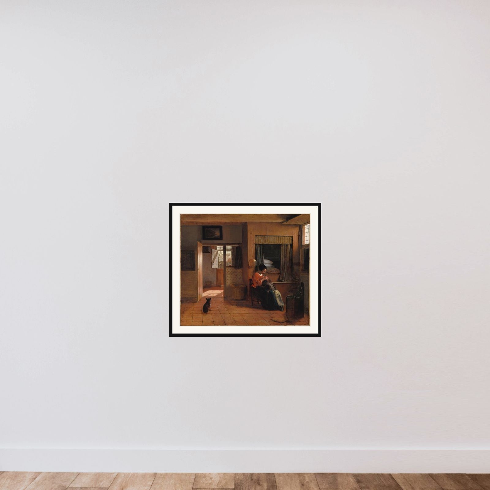 Interior with a Mother Delousing her Child's Hair, known as 'A Mother's Duty' framed — shown to scale