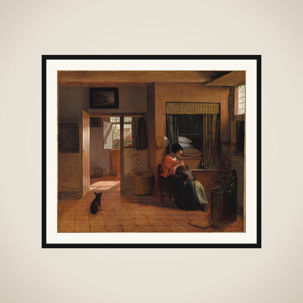 Interior with a Mother Delousing her Child's Hair, known as 'A Mother's Duty' framed